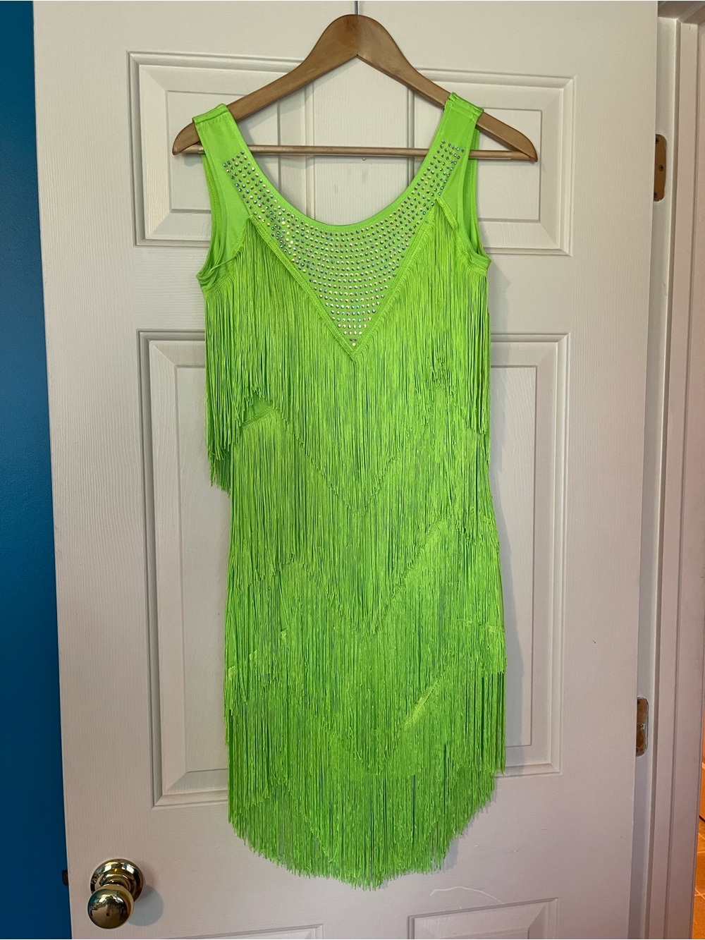 Neon Lime Green Latin Salsa Ballroom Fringe Rhinestone Dance Dress | S/M - Picture 2 of 9